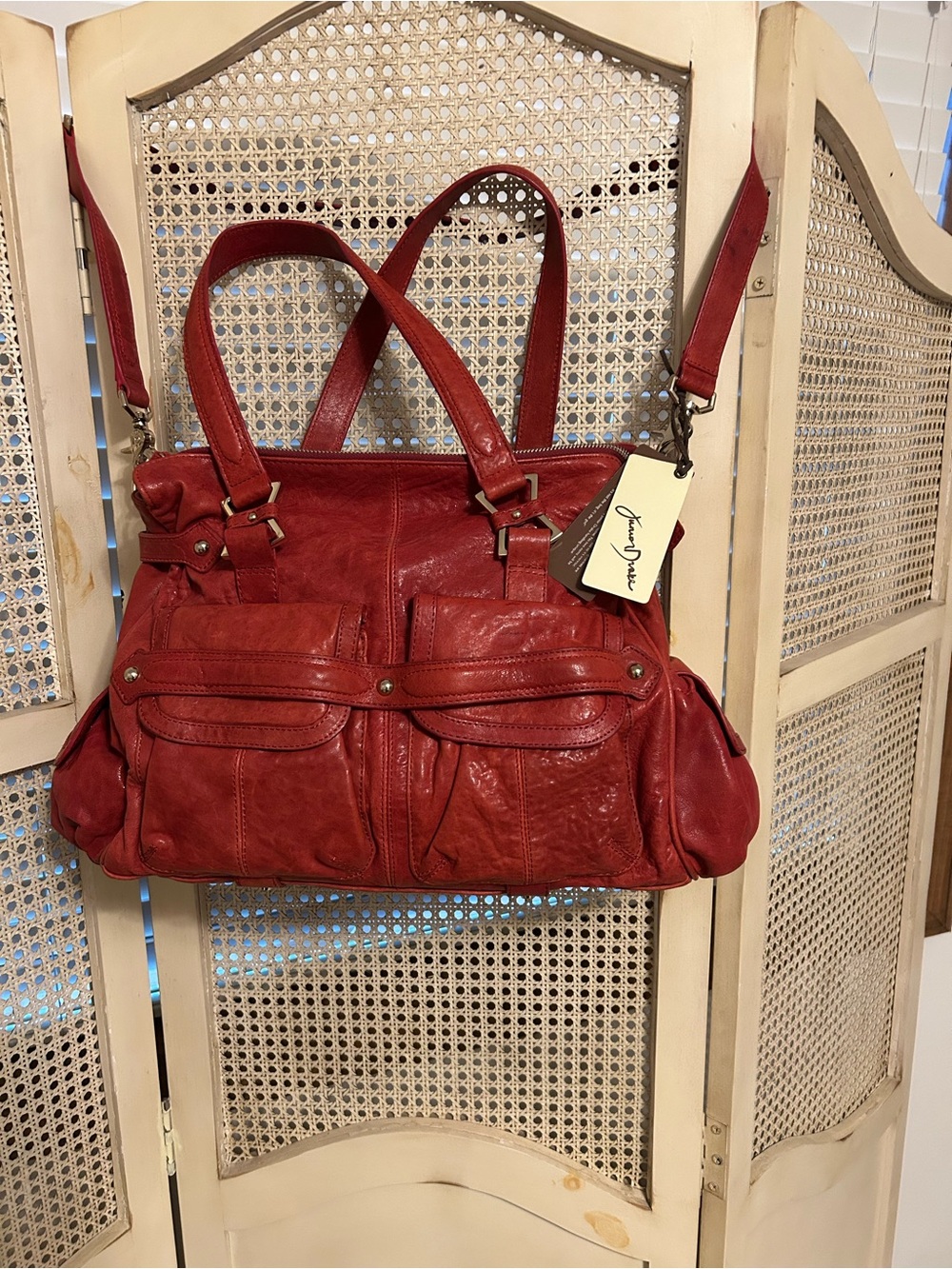 Junior Drake Red Leather Shoulder Bag with Dual Front Pockets